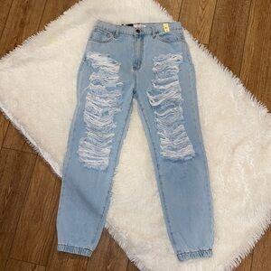 Vibrant MIU Jeans Women Distressed Jogger Tapered Mom Boyfriend Light Wash large